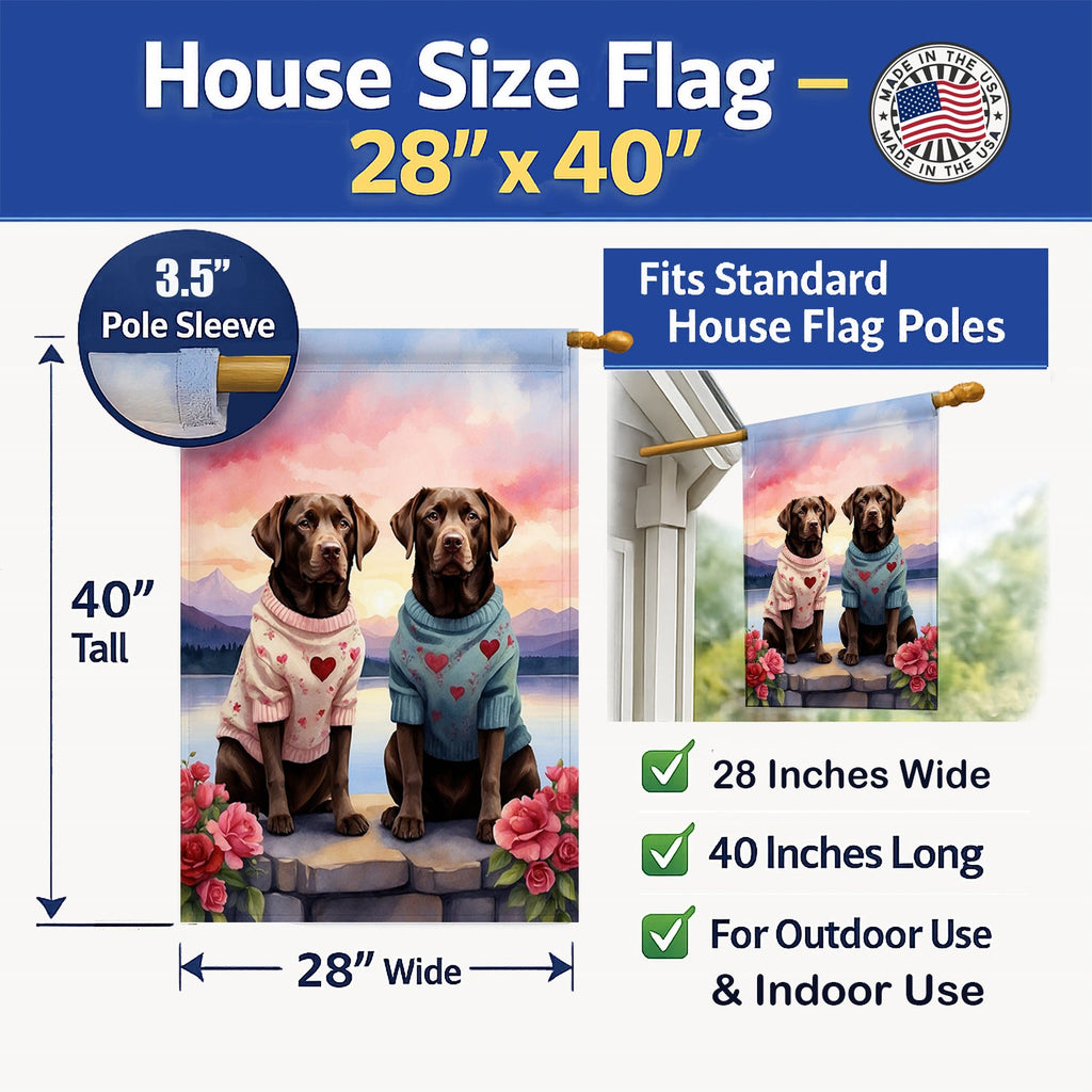 Chocolate Labrador Retriever Two Hearts House Flag 28x40 Porch Sleeve Pole Decorative Outside Yard Banner Artwork Wall Hanging, Polyester