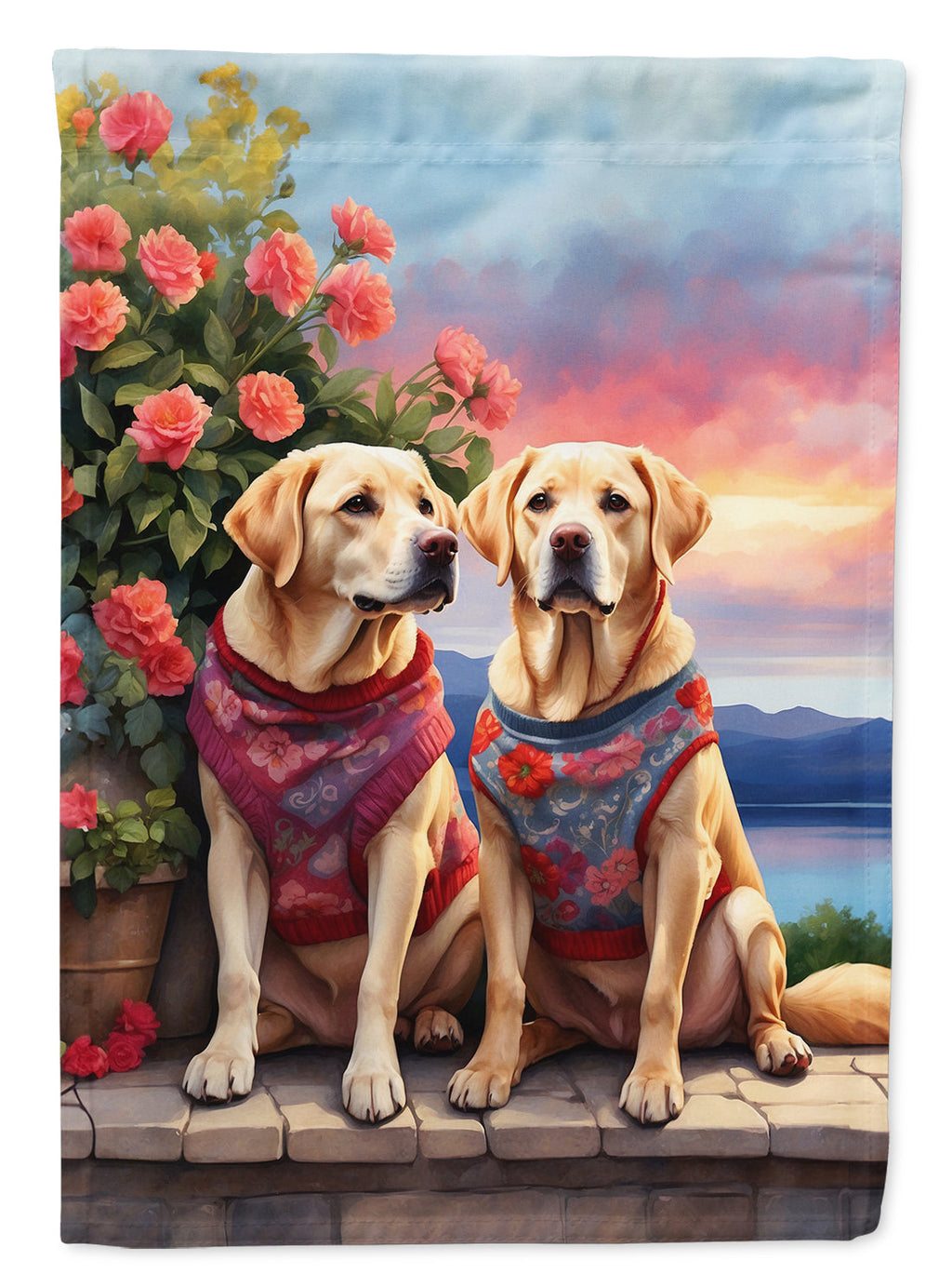 Yellow Labrador Retriever Two Hearts House Flag 28x40 Porch Sleeve Pole Decorative Outside Yard Banner Artwork Wall Hanging, Polyester