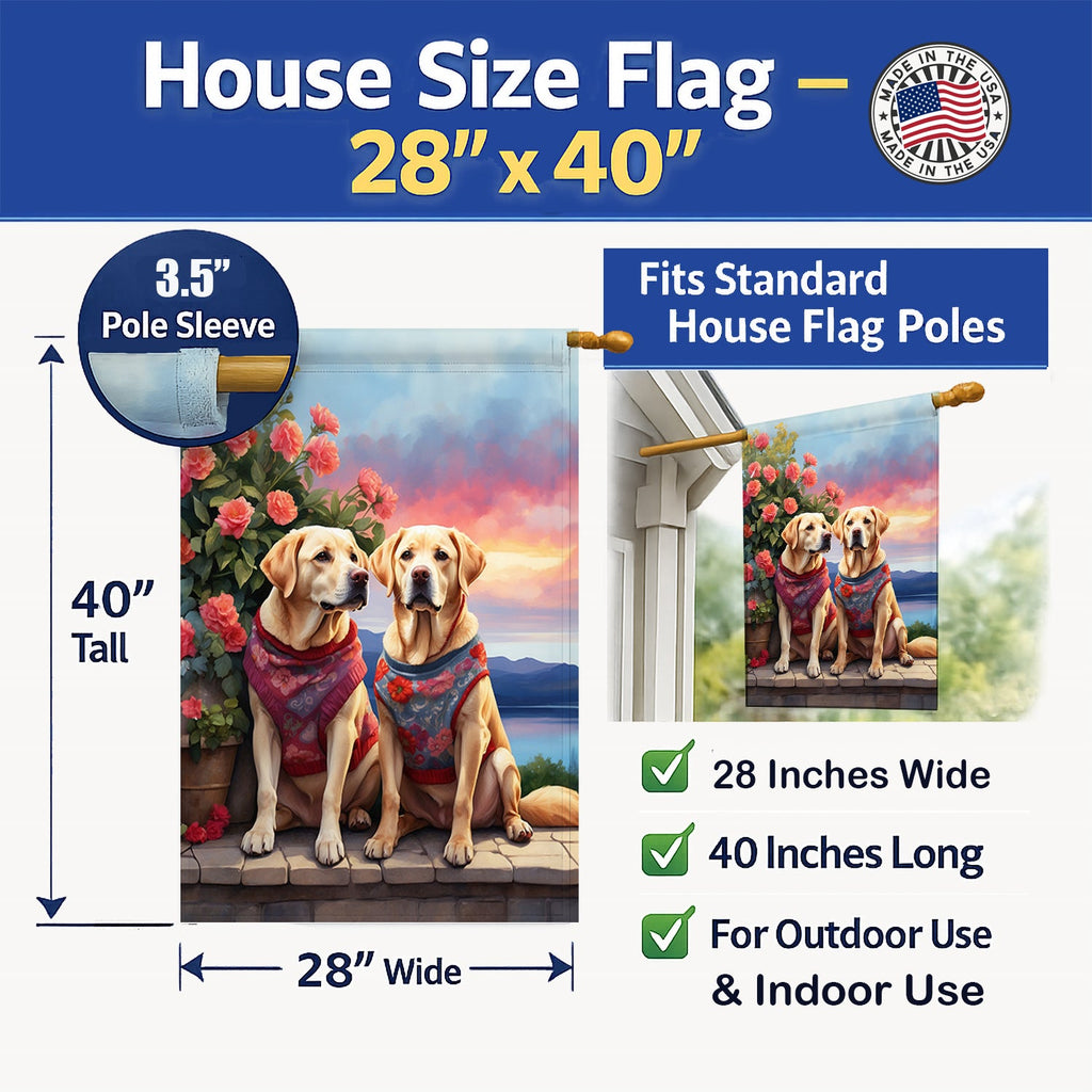 Yellow Labrador Retriever Two Hearts House Flag 28x40 Porch Sleeve Pole Decorative Outside Yard Banner Artwork Wall Hanging, Polyester