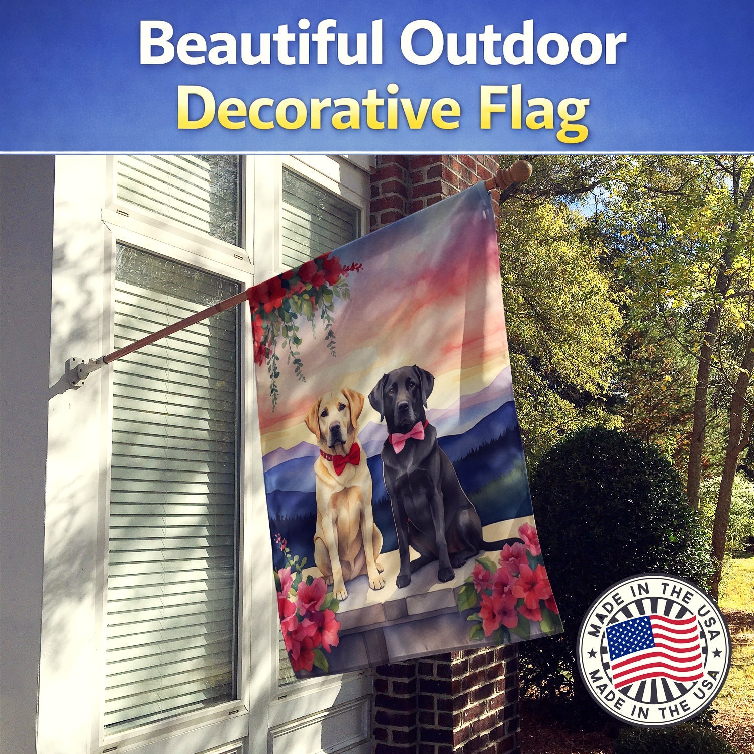 Labrador Retriever Two Hearts House Flag 28x40 Porch Sleeve Pole Decorative Outside Yard Banner Artwork Wall Hanging, Polyester