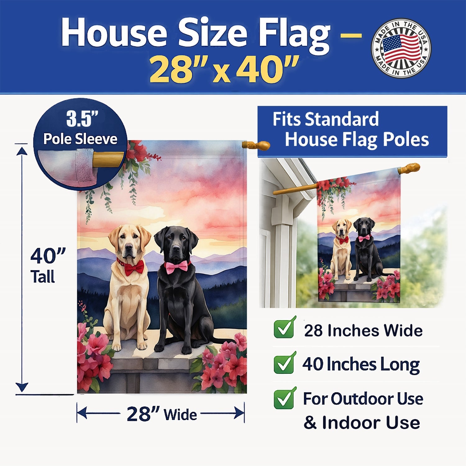 Labrador Retriever Two Hearts House Flag 28x40 Porch Sleeve Pole Decorative Outside Yard Banner Artwork Wall Hanging, Polyester