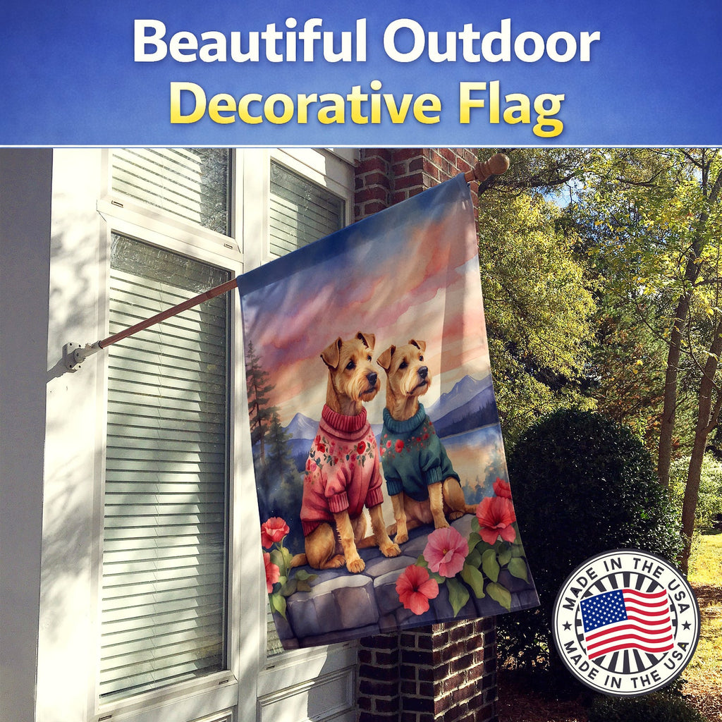 Lakeland Terrier Two Hearts House Flag 28x40 Porch Sleeve Pole Decorative Outside Yard Banner Artwork Wall Hanging, Polyester