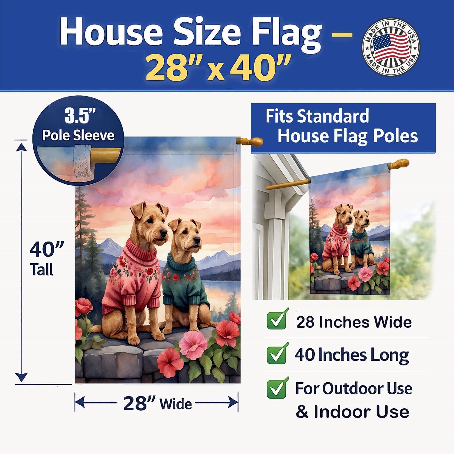 Lakeland Terrier Two Hearts House Flag 28x40 Porch Sleeve Pole Decorative Outside Yard Banner Artwork Wall Hanging, Polyester