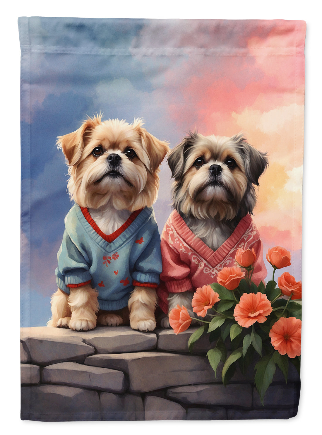Lhasa Apso Two Hearts House Flag 28x40 Porch Sleeve Pole Decorative Outside Yard Banner Artwork Wall Hanging, Polyester