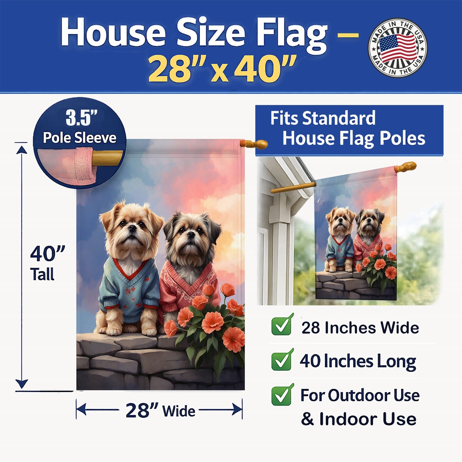 Lhasa Apso Two Hearts House Flag 28x40 Porch Sleeve Pole Decorative Outside Yard Banner Artwork Wall Hanging, Polyester