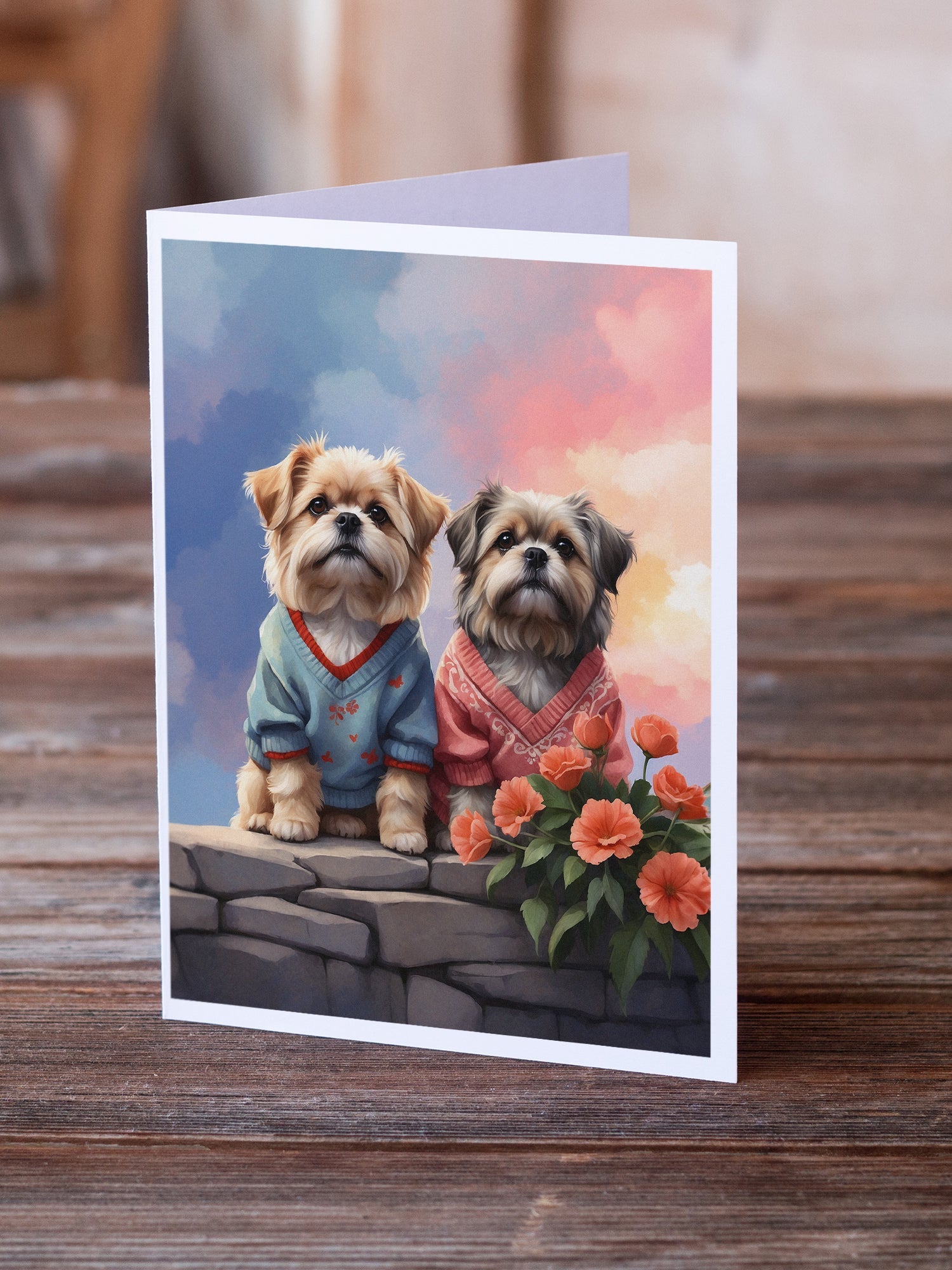 Lhasa Apso Two Hearts Greeting Cards Pack of 8 Blank Cards with Envelopes Whimsical A7 Size 5x7