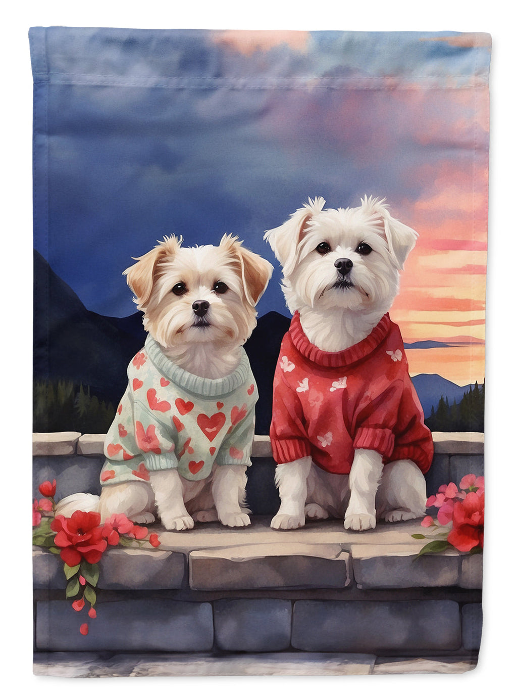 Maltese Two Hearts House Flag 28x40 Porch Sleeve Pole Decorative Outside Yard Banner Artwork Wall Hanging, Polyester