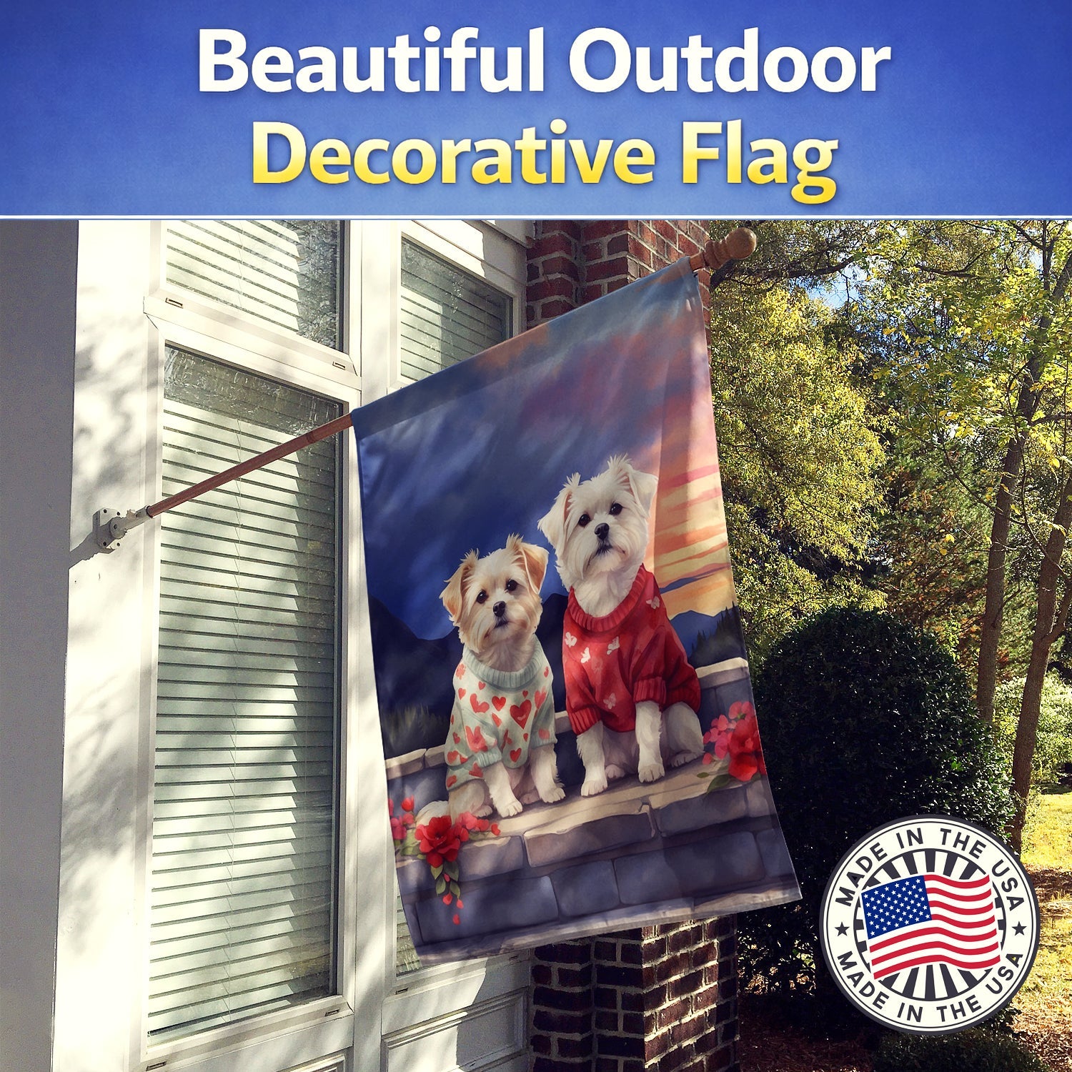 Maltese Two Hearts House Flag 28x40 Porch Sleeve Pole Decorative Outside Yard Banner Artwork Wall Hanging, Polyester