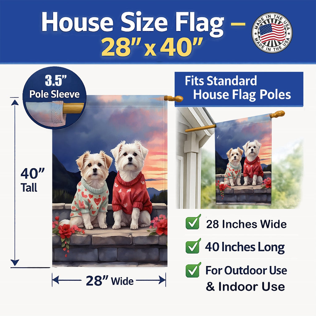 Maltese Two Hearts House Flag 28x40 Porch Sleeve Pole Decorative Outside Yard Banner Artwork Wall Hanging, Polyester