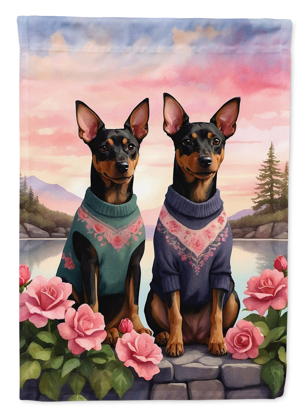 Manchester Terrier Two Hearts House Flag 28x40 Porch Sleeve Pole Decorative Outside Yard Banner Artwork Wall Hanging, Polyester