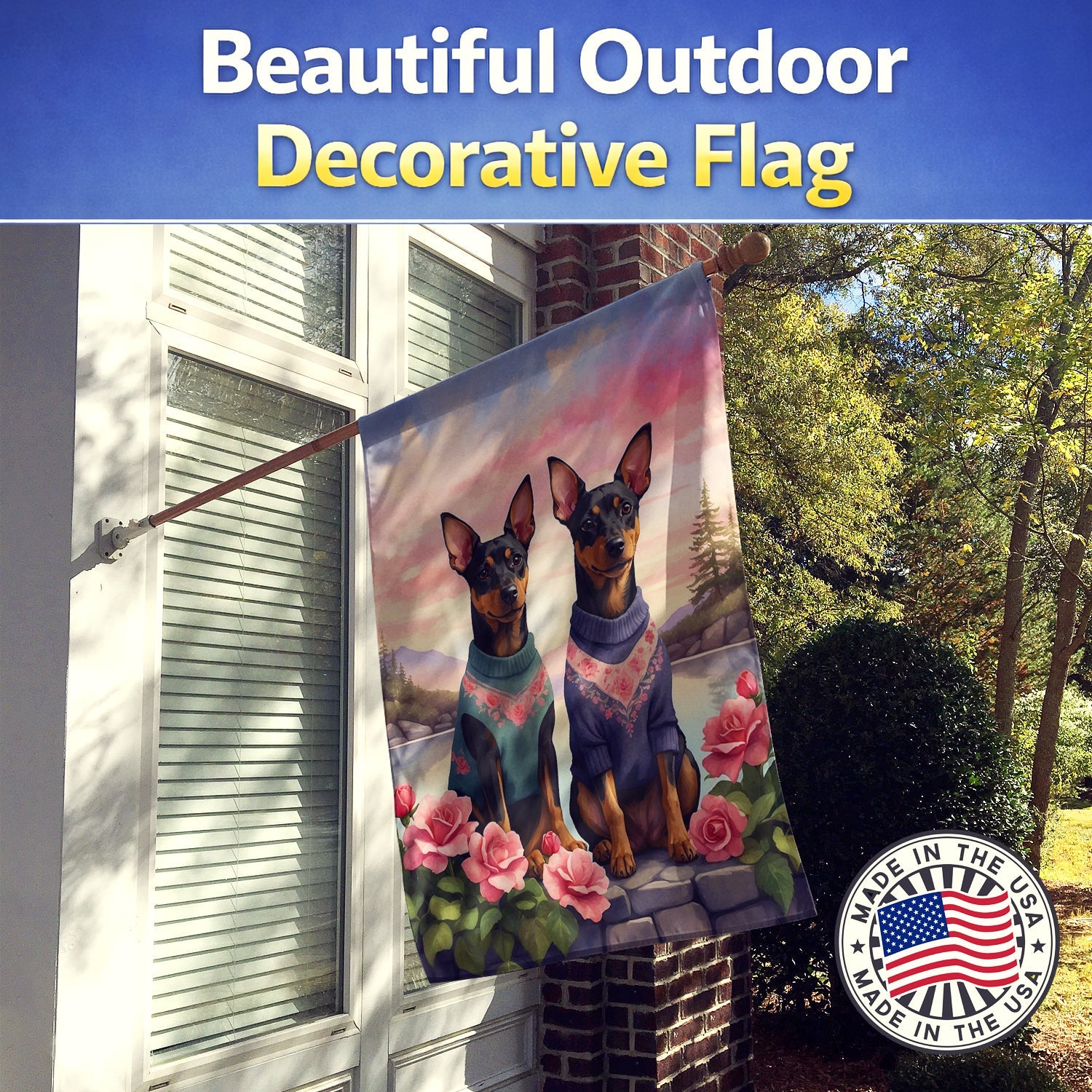 Manchester Terrier Two Hearts House Flag 28x40 Porch Sleeve Pole Decorative Outside Yard Banner Artwork Wall Hanging, Polyester