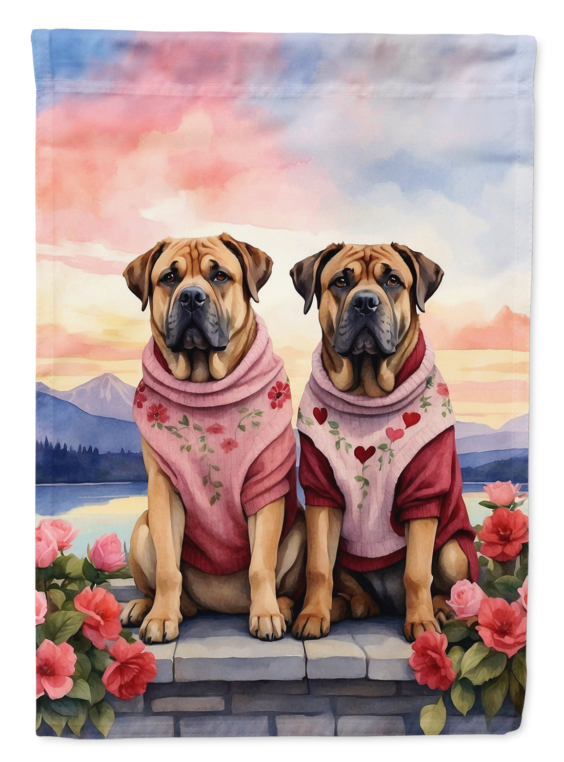 Mastiff Two Hearts House Flag 28x40 Porch Sleeve Pole Decorative Outside Yard Banner Artwork Wall Hanging, Polyester