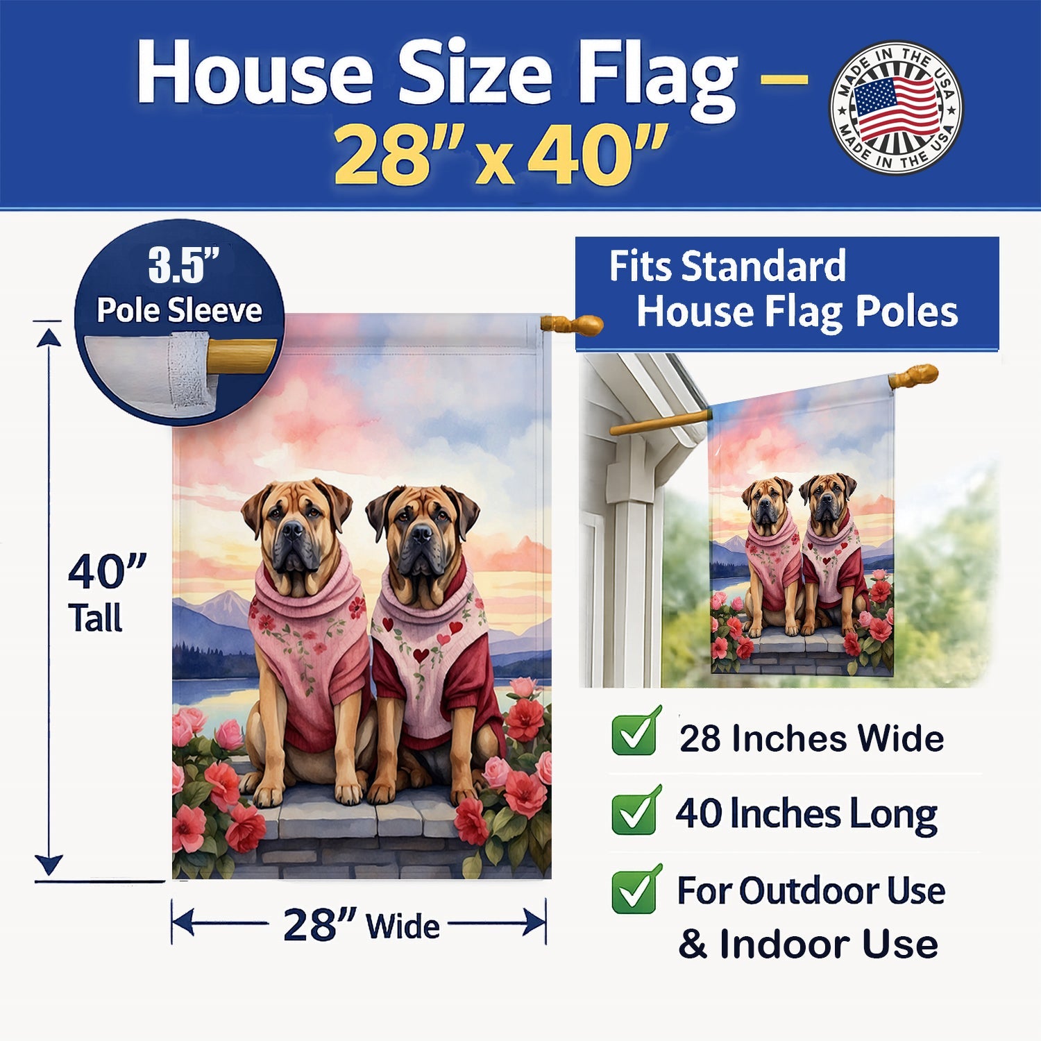 Mastiff Two Hearts House Flag 28x40 Porch Sleeve Pole Decorative Outside Yard Banner Artwork Wall Hanging, Polyester