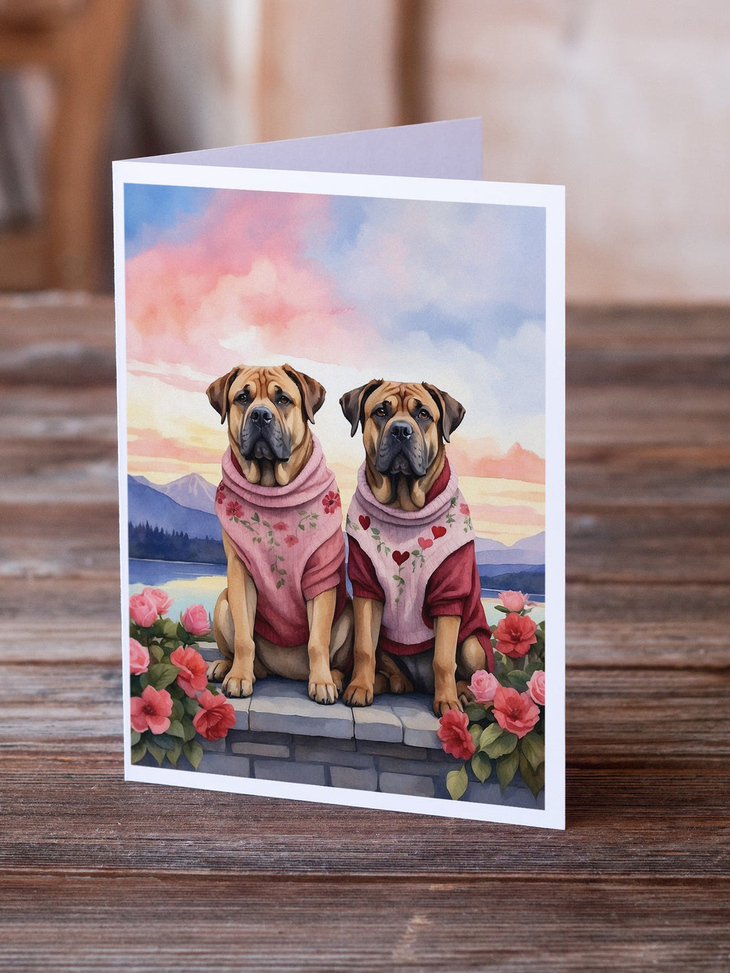 Mastiff Two Hearts Greeting Cards Pack of 8 Blank Cards with Envelopes Whimsical A7 Size 5x7