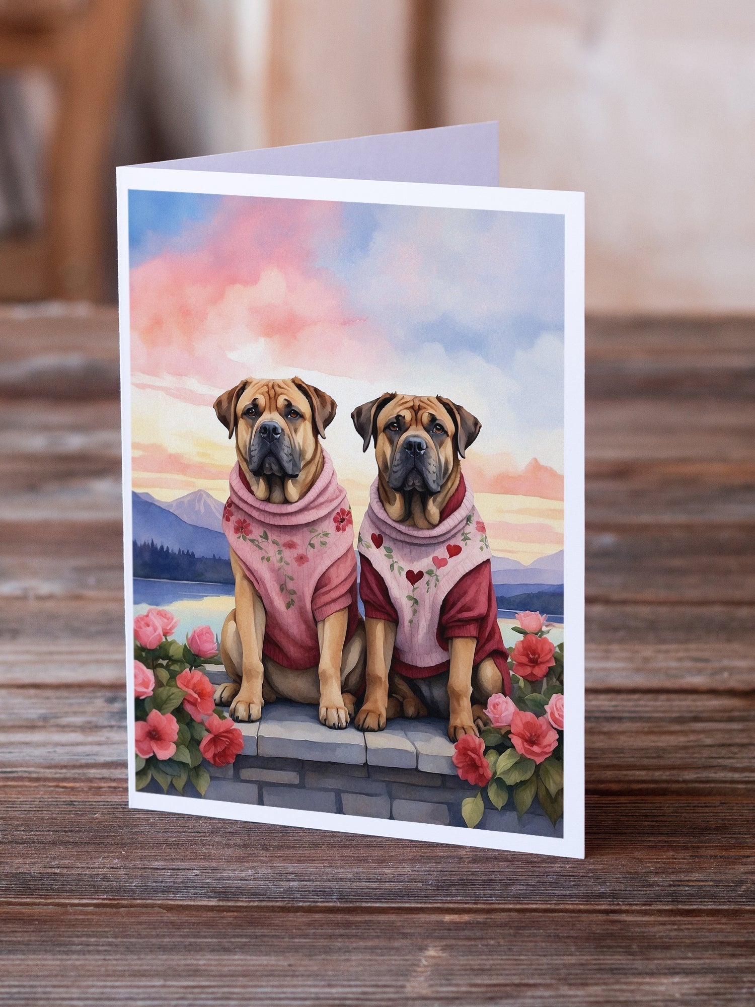 Mastiff Two Hearts Greeting Cards Pack of 8 Blank Cards with Envelopes Whimsical A7 Size 5x7