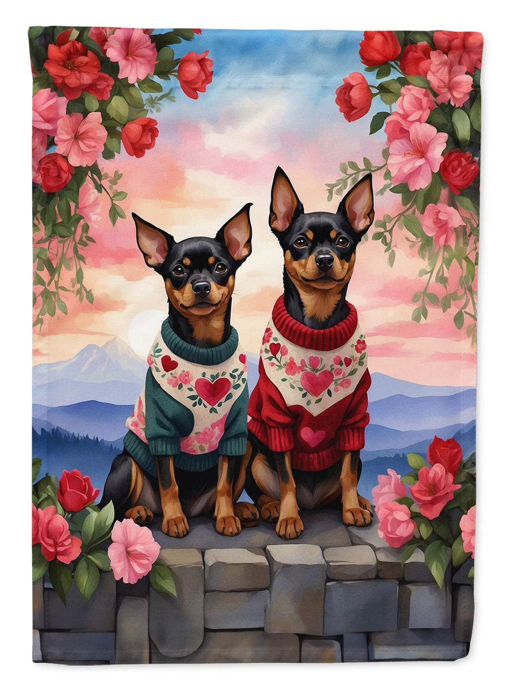 Miniature Pinscher Two Hearts House Flag 28x40 Porch Sleeve Pole Decorative Outside Yard Banner Artwork Wall Hanging, Polyester