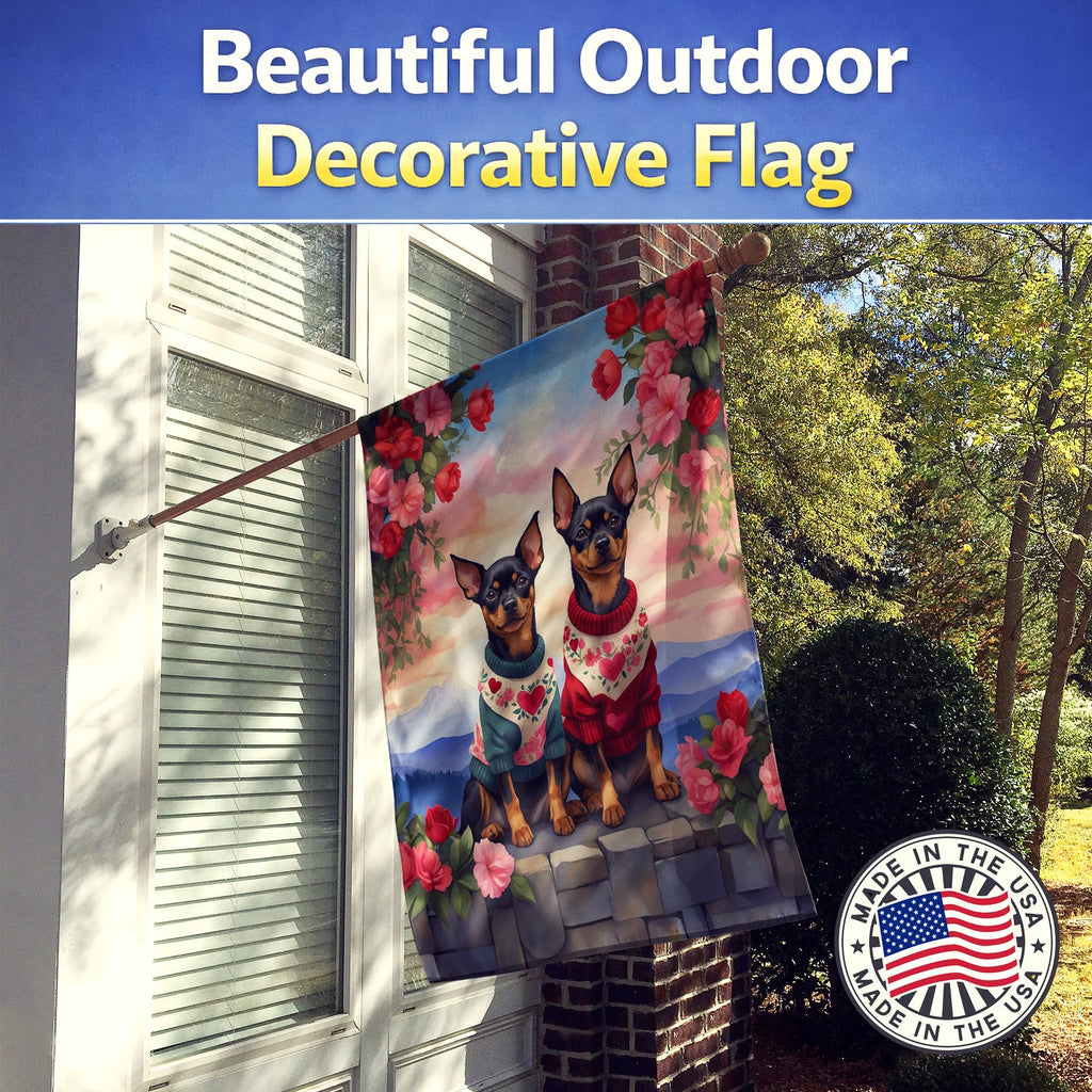 Miniature Pinscher Two Hearts House Flag 28x40 Porch Sleeve Pole Decorative Outside Yard Banner Artwork Wall Hanging, Polyester