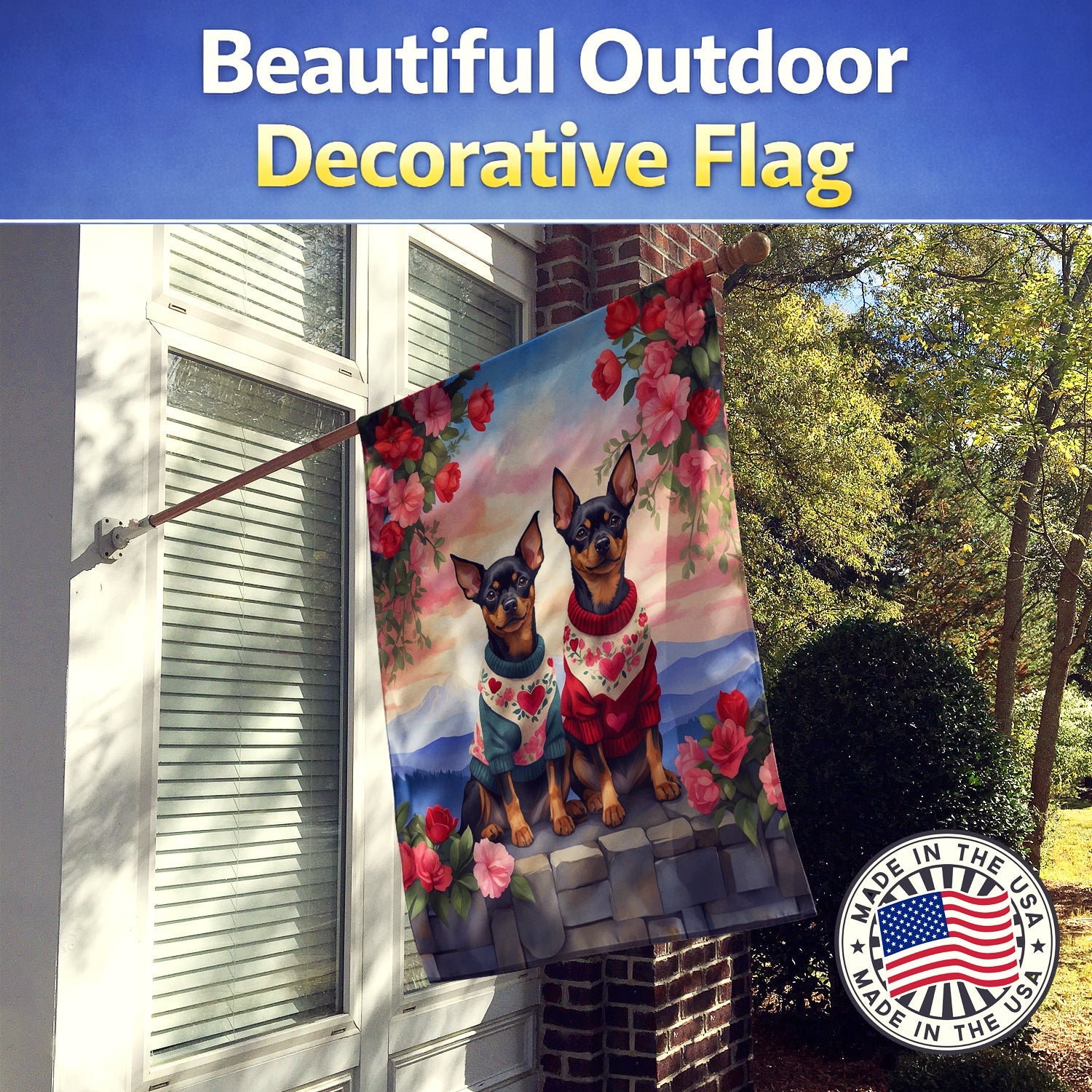 Miniature Pinscher Two Hearts House Flag 28x40 Porch Sleeve Pole Decorative Outside Yard Banner Artwork Wall Hanging, Polyester