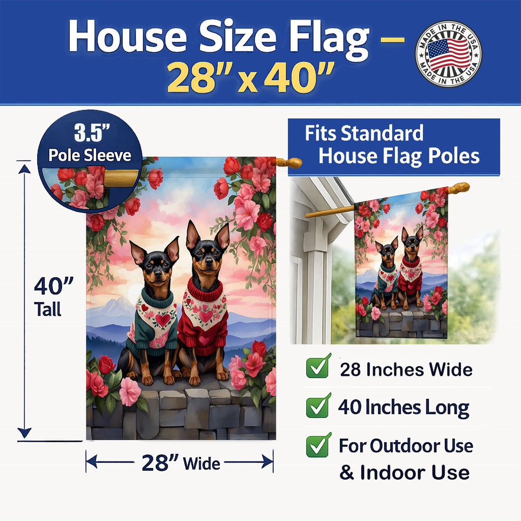 Miniature Pinscher Two Hearts House Flag 28x40 Porch Sleeve Pole Decorative Outside Yard Banner Artwork Wall Hanging, Polyester