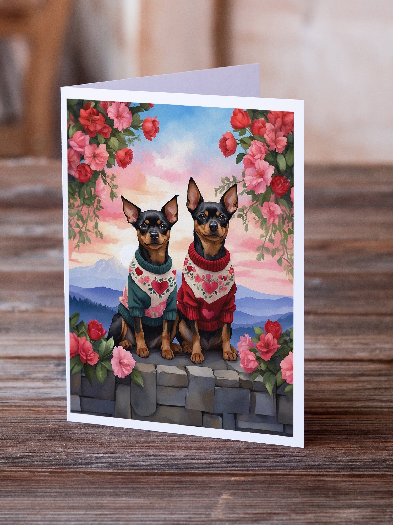 Miniature Pinscher Two Hearts Greeting Cards Pack of 8 Blank Cards with Envelopes Whimsical A7 Size 5x7
