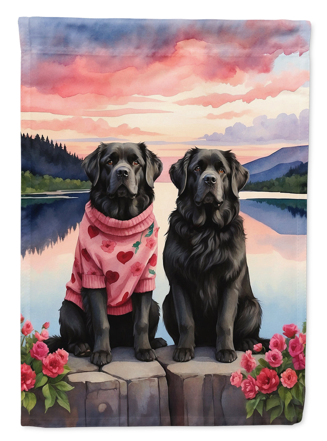 Newfoundland Two Hearts House Flag 28x40 Porch Sleeve Pole Decorative Outside Yard Banner Artwork Wall Hanging, Polyester