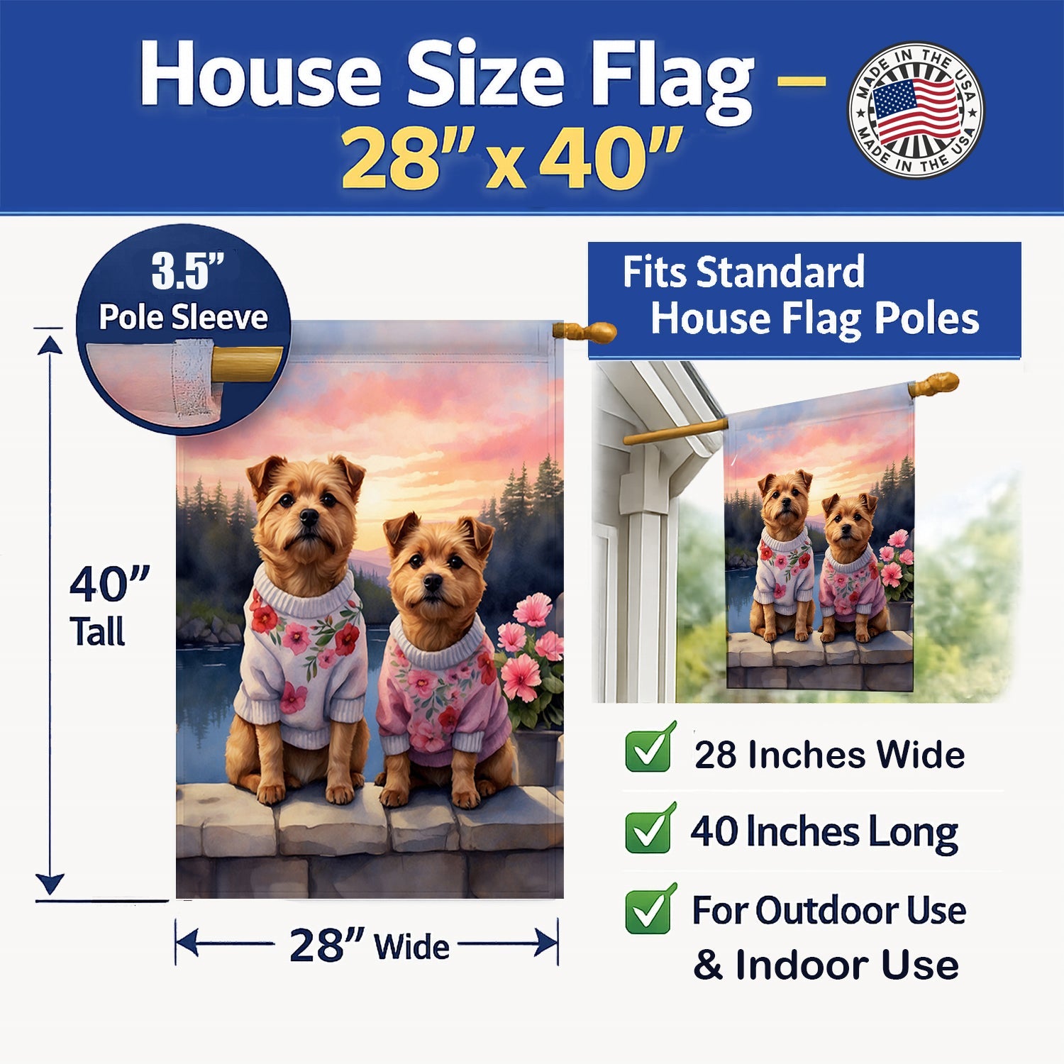 Norfolk Terrier Two Hearts House Flag 28x40 Porch Sleeve Pole Decorative Outside Yard Banner Artwork Wall Hanging, Polyester
