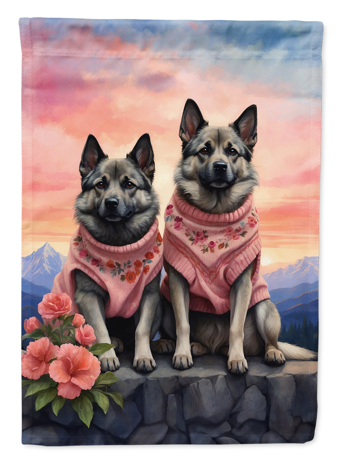 Norwegian Elkhound Two Hearts House Flag 28x40 Porch Sleeve Pole Decorative Outside Yard Banner Artwork Wall Hanging, Polyester