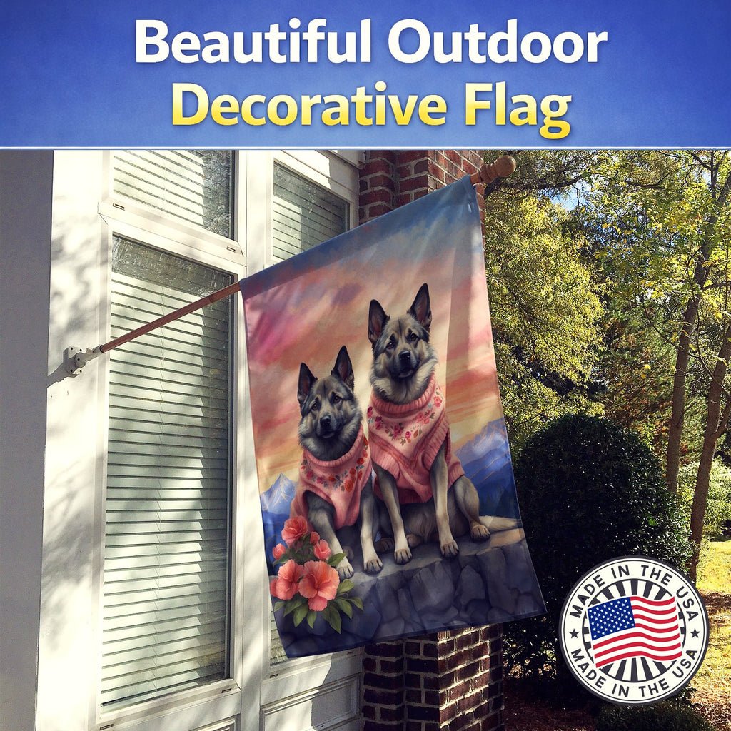 Norwegian Elkhound Two Hearts House Flag 28x40 Porch Sleeve Pole Decorative Outside Yard Banner Artwork Wall Hanging, Polyester