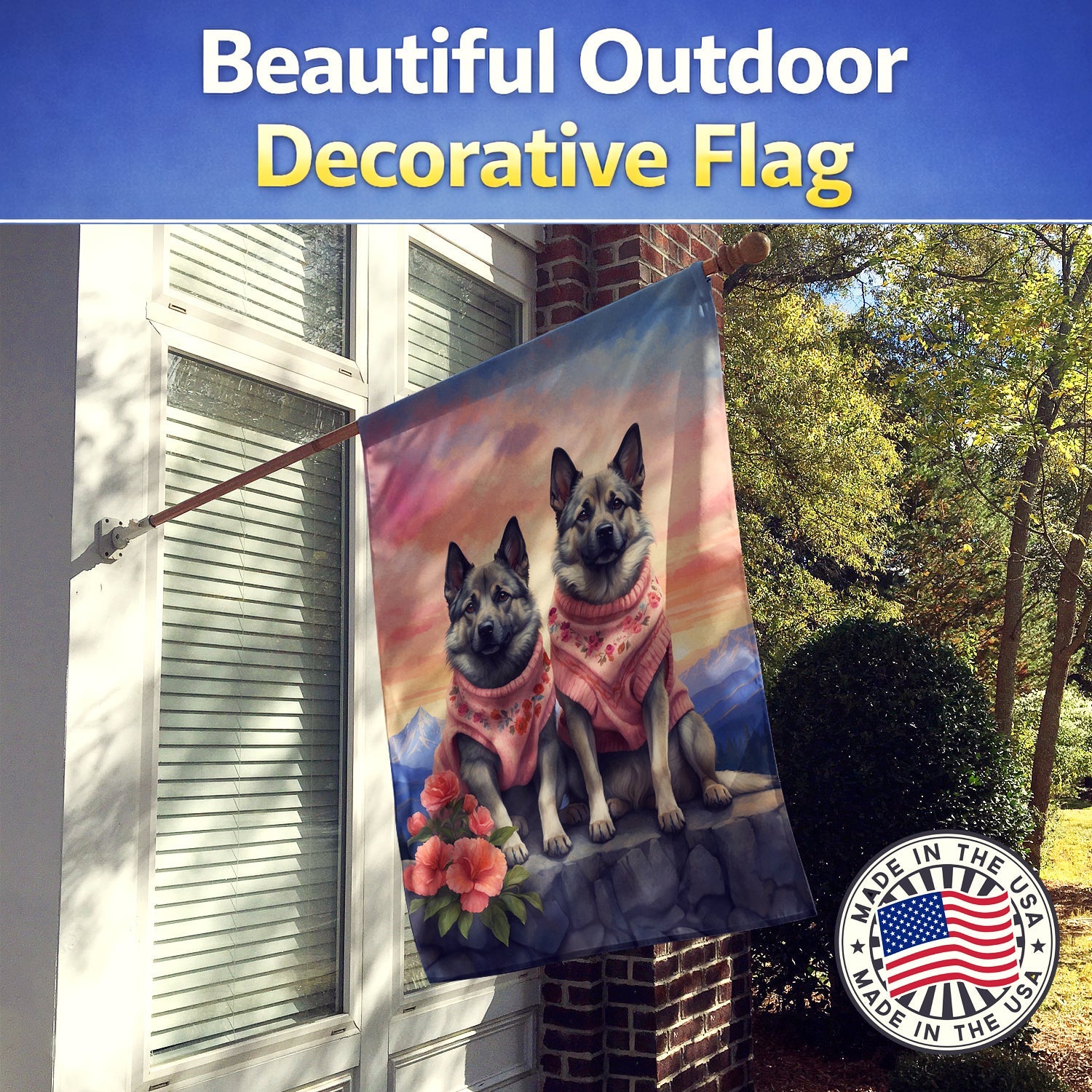 Norwegian Elkhound Two Hearts House Flag 28x40 Porch Sleeve Pole Decorative Outside Yard Banner Artwork Wall Hanging, Polyester