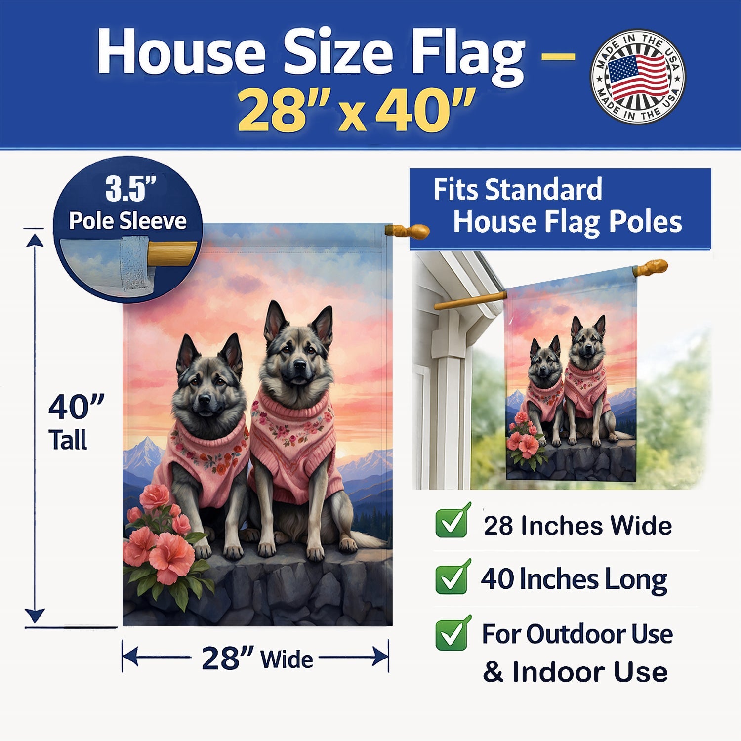 Norwegian Elkhound Two Hearts House Flag 28x40 Porch Sleeve Pole Decorative Outside Yard Banner Artwork Wall Hanging, Polyester