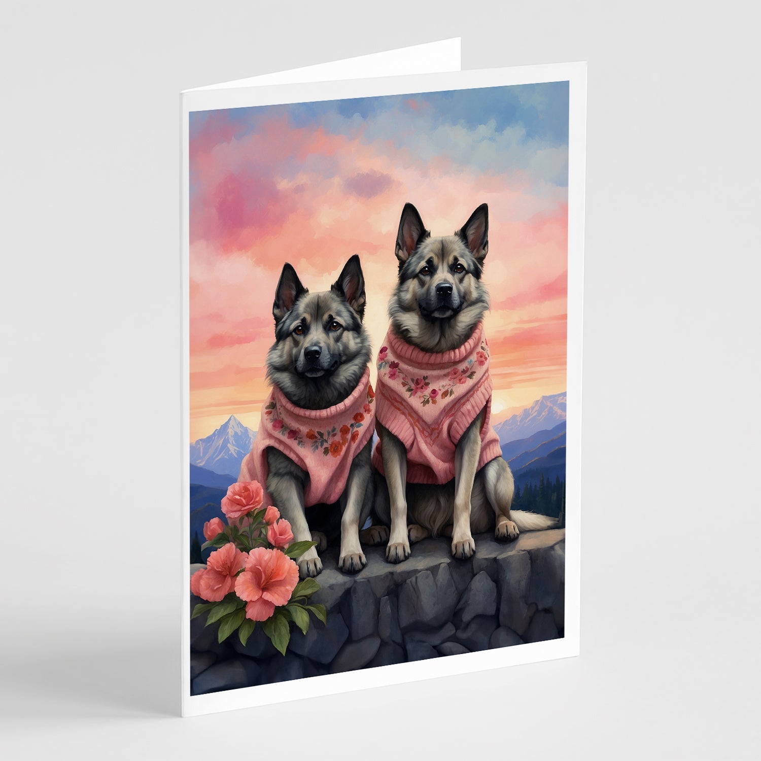 Norwegian Elkhound Two Hearts Greeting Cards Pack of 8 Blank Cards with Envelopes Whimsical A7 Size 5x7