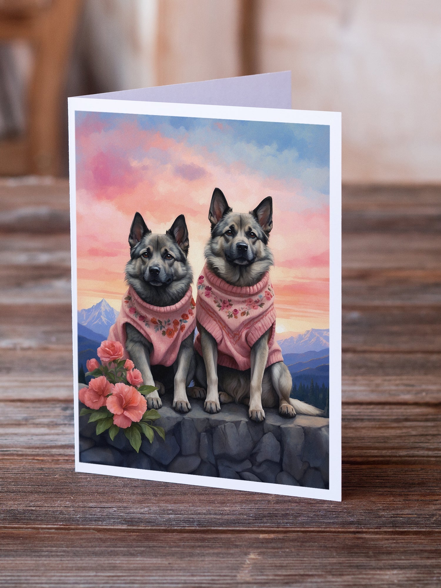 Norwegian Elkhound Two Hearts Greeting Cards Pack of 8 Blank Cards with Envelopes Whimsical A7 Size 5x7