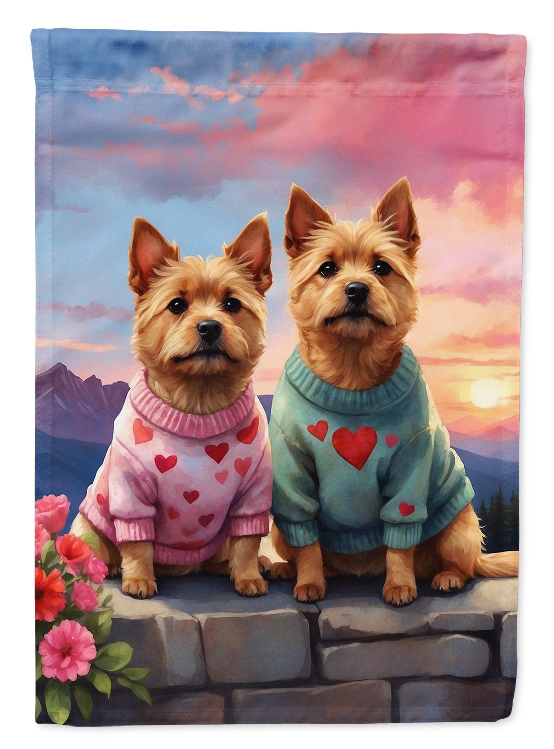 Norwich Terrier Two Hearts House Flag 28x40 Porch Sleeve Pole Decorative Outside Yard Banner Artwork Wall Hanging, Polyester