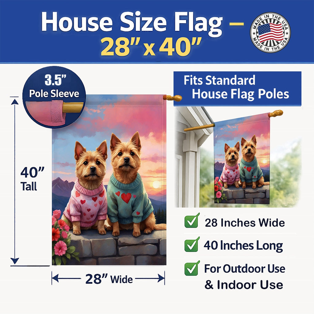Norwich Terrier Two Hearts House Flag 28x40 Porch Sleeve Pole Decorative Outside Yard Banner Artwork Wall Hanging, Polyester