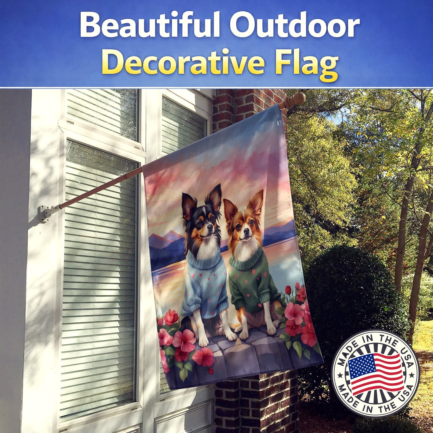 Papillon Two Hearts House Flag 28x40 Porch Sleeve Pole Decorative Outside Yard Banner Artwork Wall Hanging, Polyester