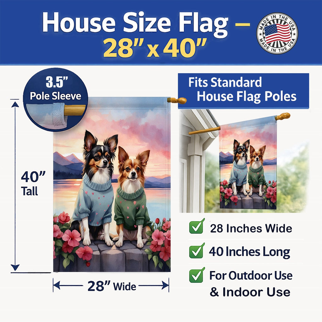 Papillon Two Hearts House Flag 28x40 Porch Sleeve Pole Decorative Outside Yard Banner Artwork Wall Hanging, Polyester