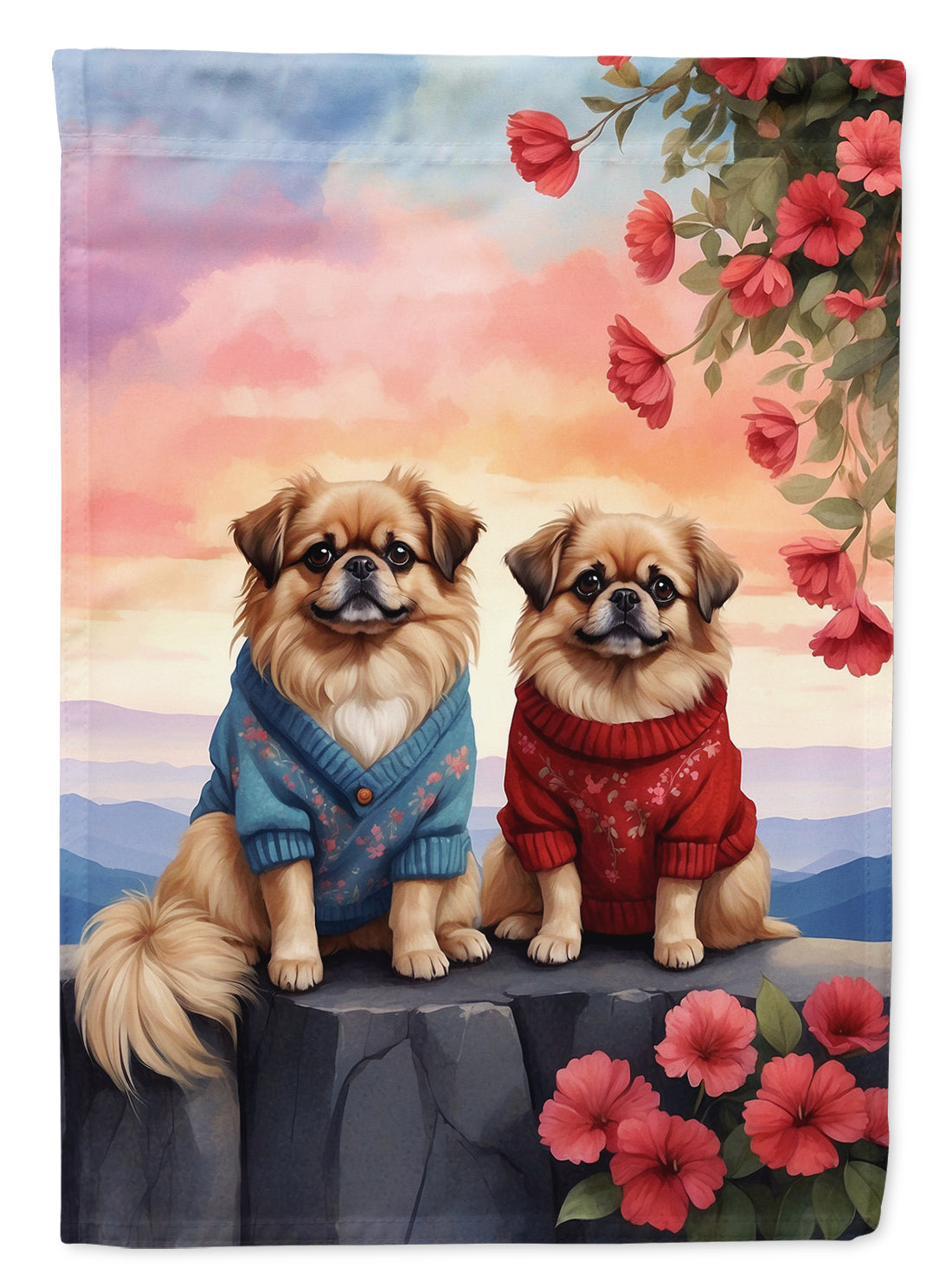 Pekingese Two Hearts House Flag 28x40 Porch Sleeve Pole Decorative Outside Yard Banner Artwork Wall Hanging, Polyester