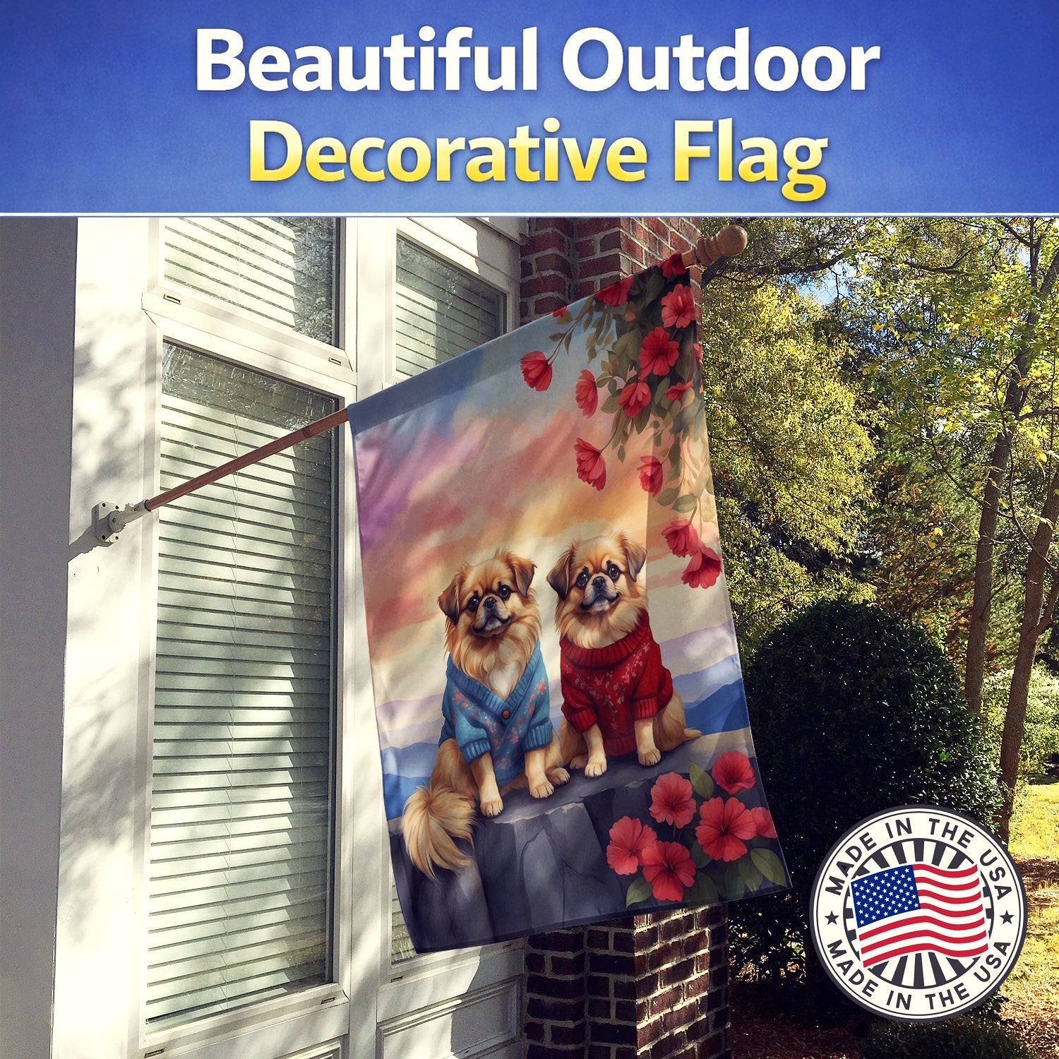 Pekingese Two Hearts House Flag 28x40 Porch Sleeve Pole Decorative Outside Yard Banner Artwork Wall Hanging, Polyester