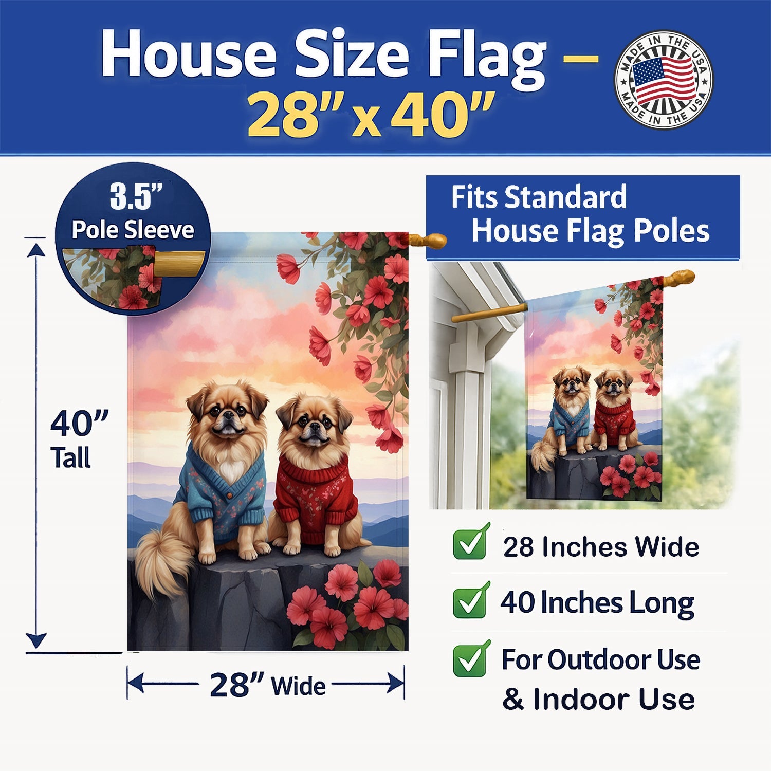 Pekingese Two Hearts House Flag 28x40 Porch Sleeve Pole Decorative Outside Yard Banner Artwork Wall Hanging, Polyester