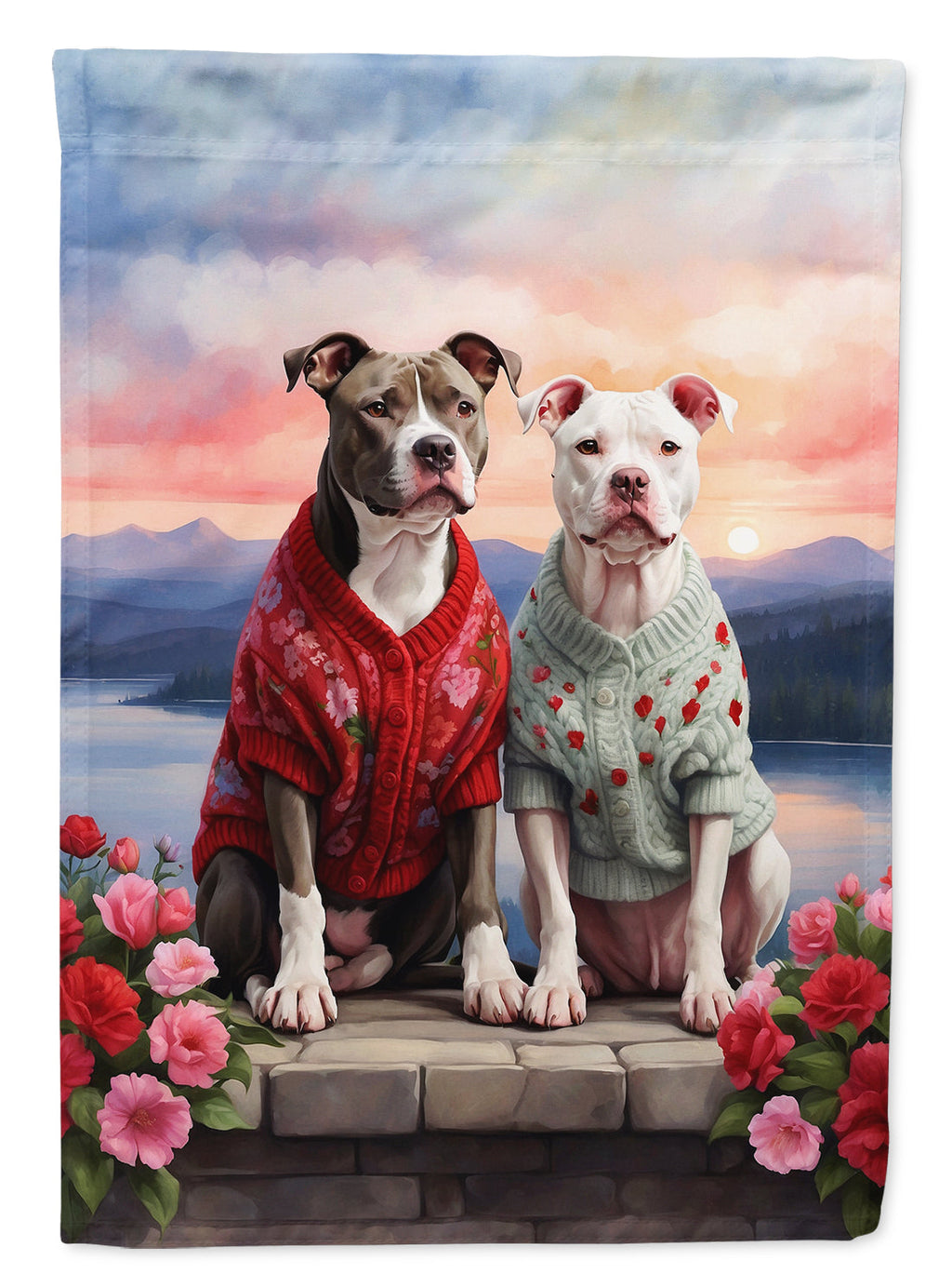 Pit Bull Terrier Two Hearts House Flag 28x40 Porch Sleeve Pole Decorative Outside Yard Banner Artwork Wall Hanging, Polyester