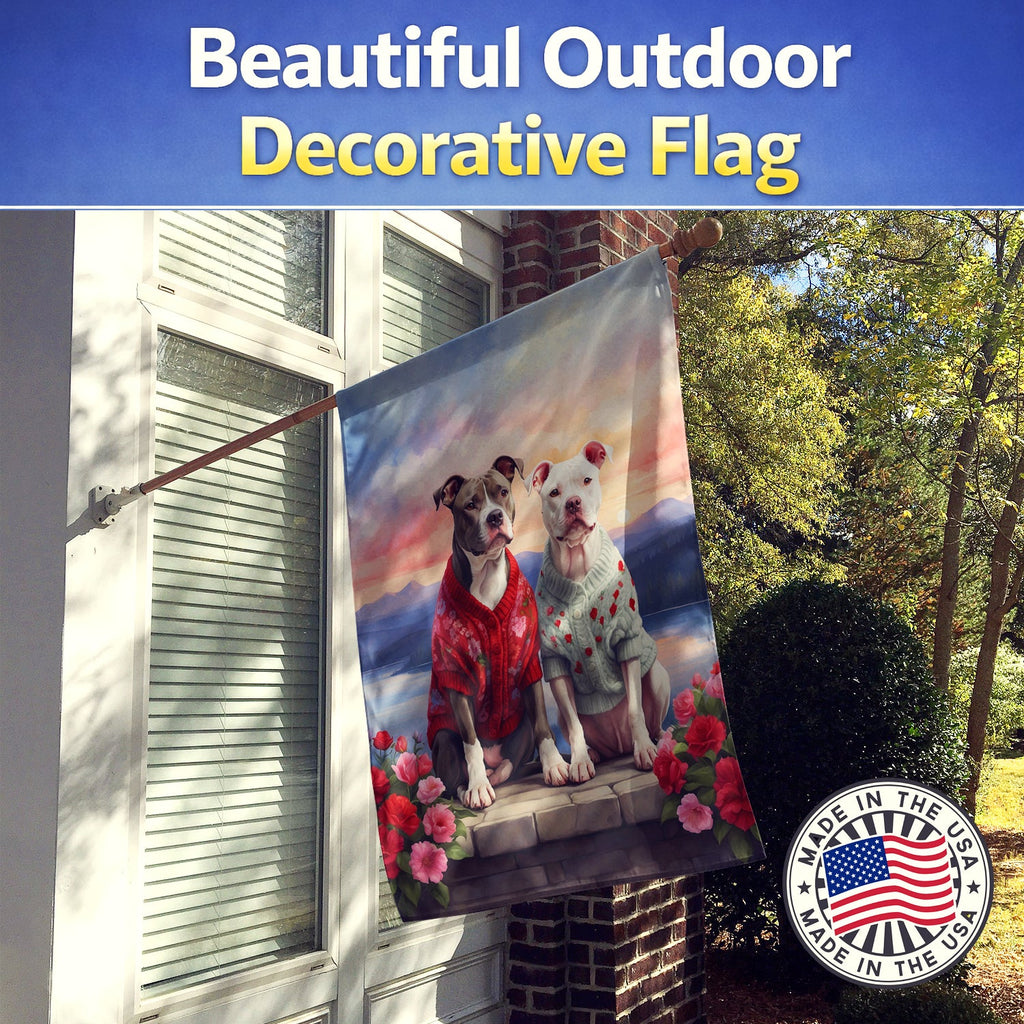 Pit Bull Terrier Two Hearts House Flag 28x40 Porch Sleeve Pole Decorative Outside Yard Banner Artwork Wall Hanging, Polyester