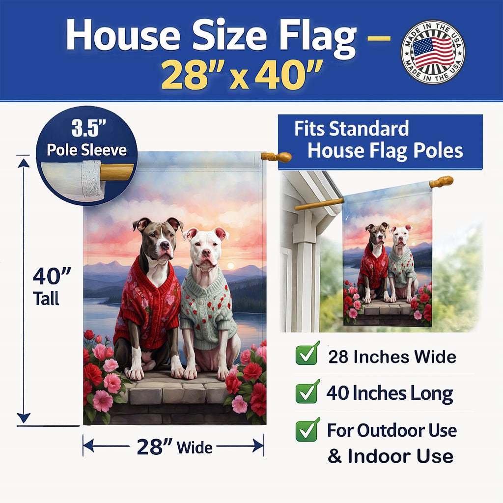 Pit Bull Terrier Two Hearts House Flag 28x40 Porch Sleeve Pole Decorative Outside Yard Banner Artwork Wall Hanging, Polyester