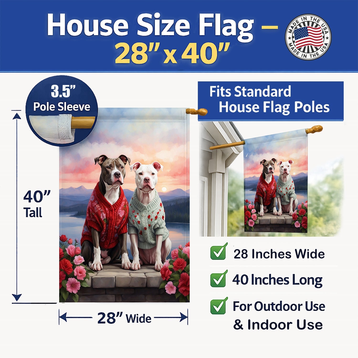 Pit Bull Terrier Two Hearts House Flag 28x40 Porch Sleeve Pole Decorative Outside Yard Banner Artwork Wall Hanging, Polyester
