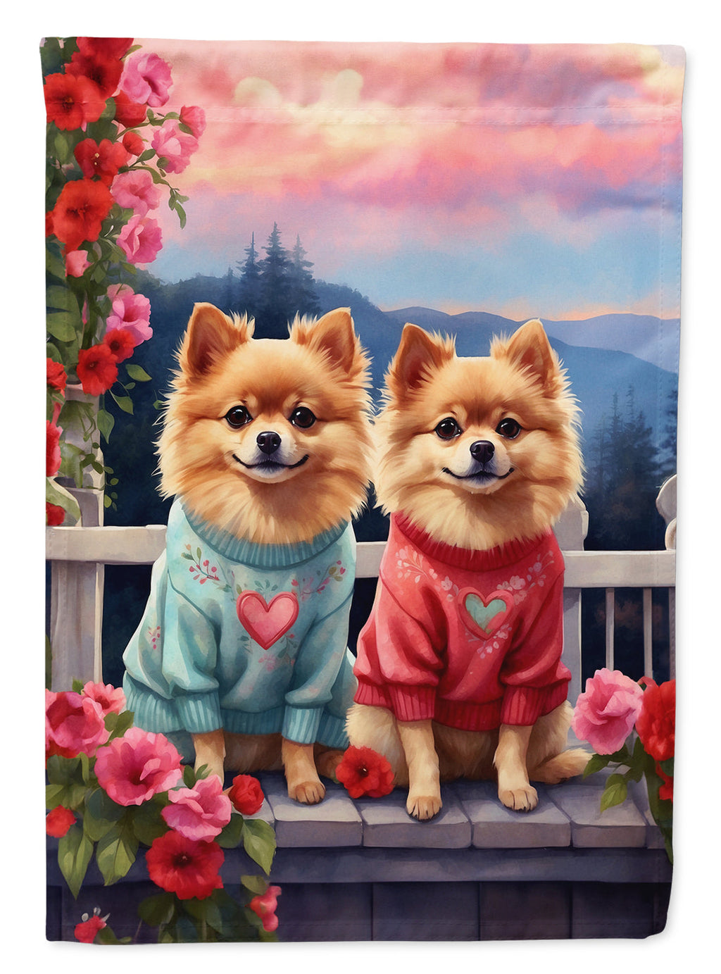 Pomeranian Two Hearts House Flag 28x40 Porch Sleeve Pole Decorative Outside Yard Banner Artwork Wall Hanging, Polyester