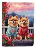 Pomeranian Two Hearts House Flag 28x40 Porch Sleeve Pole Decorative Outside Yard Banner Artwork Wall Hanging, Polyester
