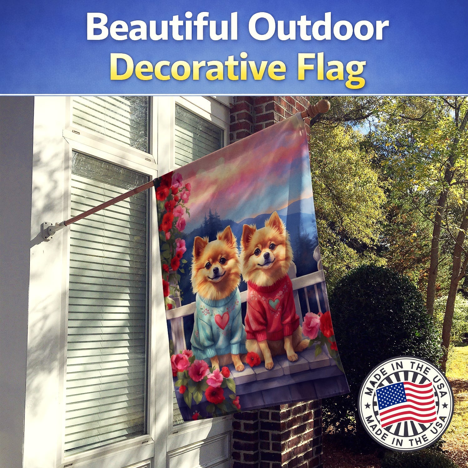 Pomeranian Two Hearts House Flag 28x40 Porch Sleeve Pole Decorative Outside Yard Banner Artwork Wall Hanging, Polyester