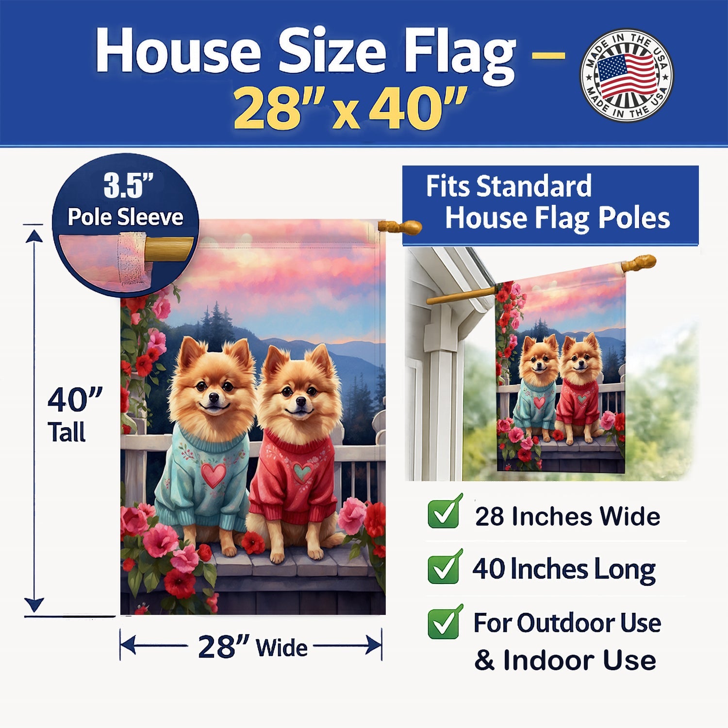 Pomeranian Two Hearts House Flag 28x40 Porch Sleeve Pole Decorative Outside Yard Banner Artwork Wall Hanging, Polyester