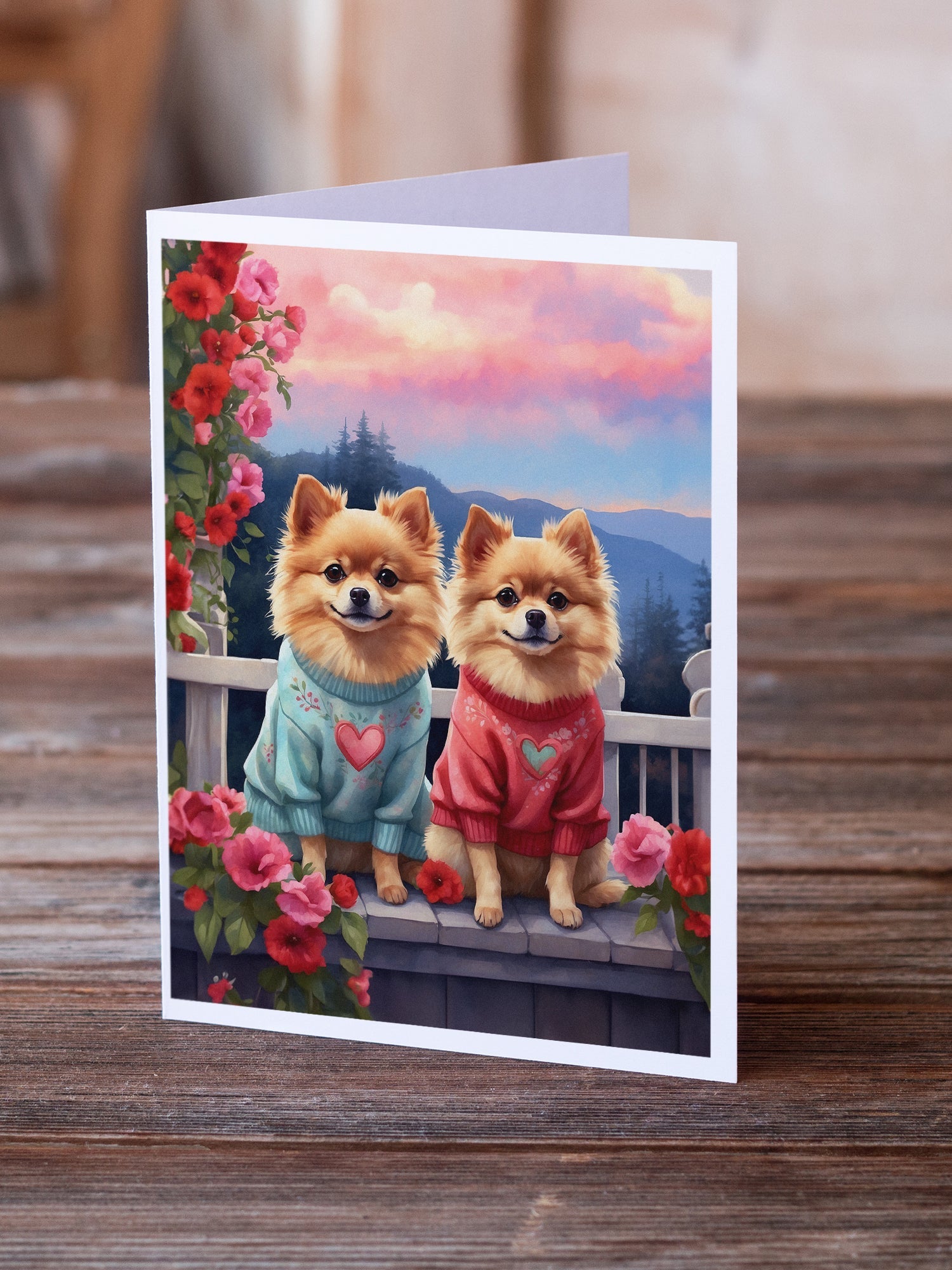 Pomeranian Two Hearts Greeting Cards Pack of 8 Blank Cards with Envelopes Whimsical A7 Size 5x7