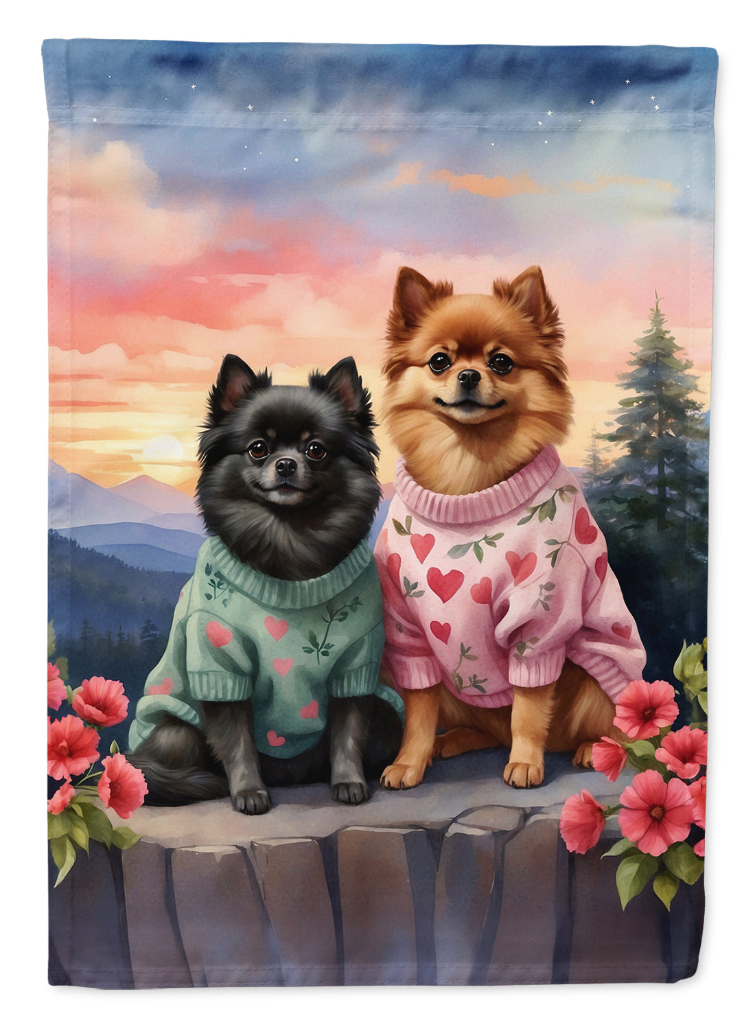 Pomeranian Two Hearts House Flag 28x40 Porch Sleeve Pole Decorative Outside Yard Banner Artwork Wall Hanging, Polyester