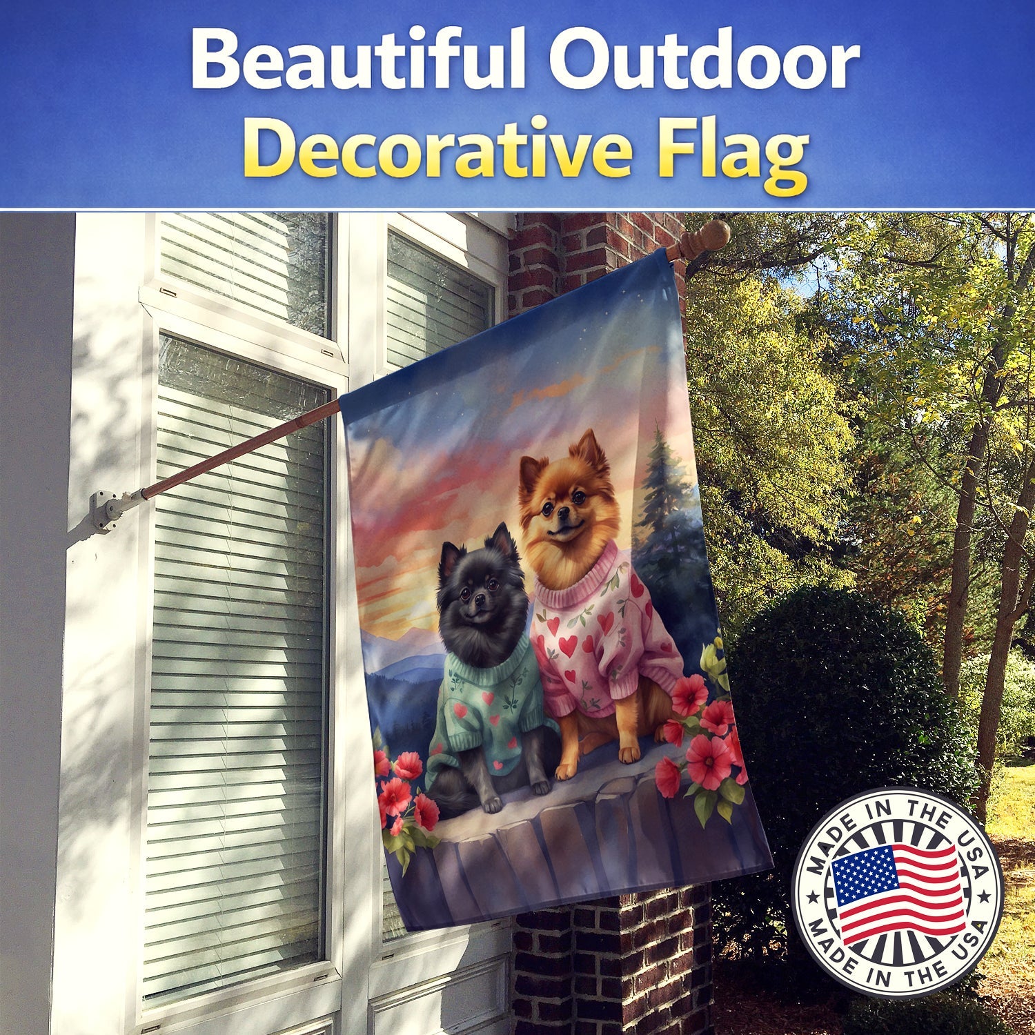 Pomeranian Two Hearts House Flag 28x40 Porch Sleeve Pole Decorative Outside Yard Banner Artwork Wall Hanging, Polyester